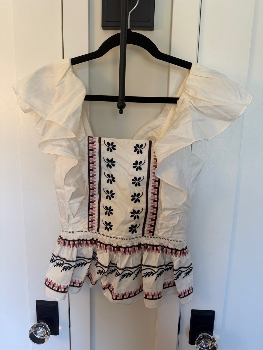 Cream Embroidered Ruffle Peplum Tunic with Navy Floral Detail